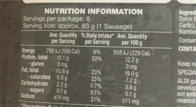 pork, pepper and oregano goirmet sausages - Nutrition facts - en