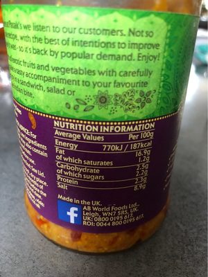 Pataks On the Side Lime Pickle - Nutrition facts