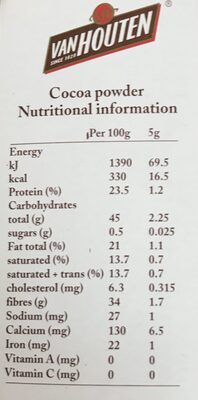 Poudre de cacao - Nutrition facts - fr