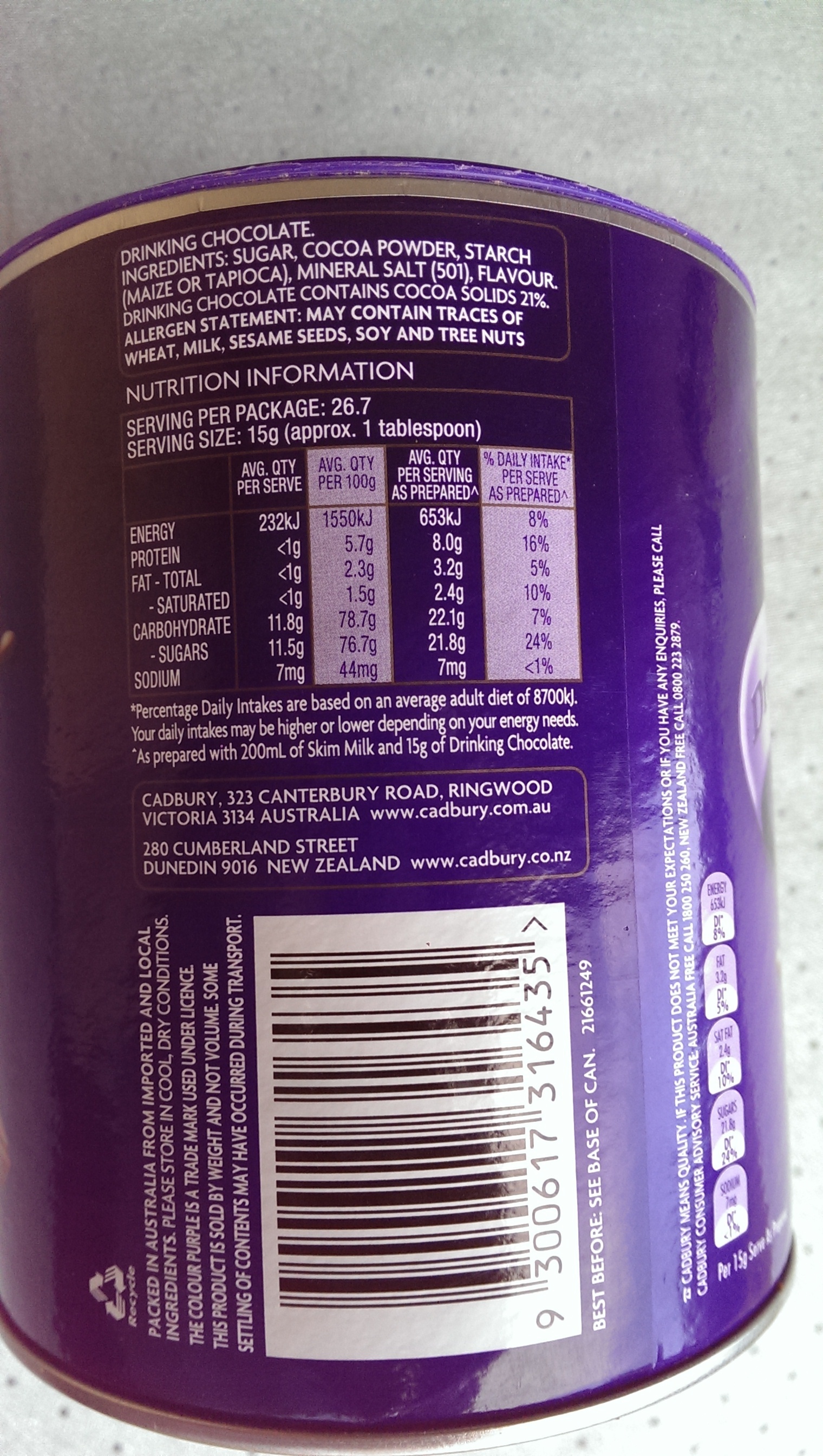 Cadbury Drinking Chocolate - Ingredients - en