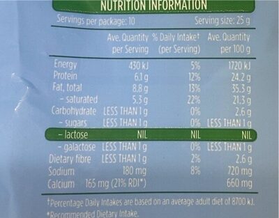 Lactose Free Tasty Grated - Nutrition facts - en