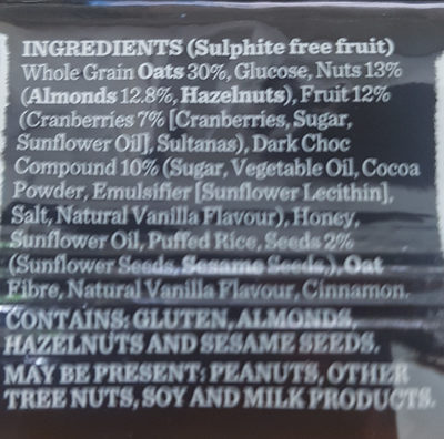 Dark choc cranberry and almond bar - Ingredients