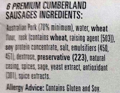 6 Premium Cumberland Sausages - Ingredients - en